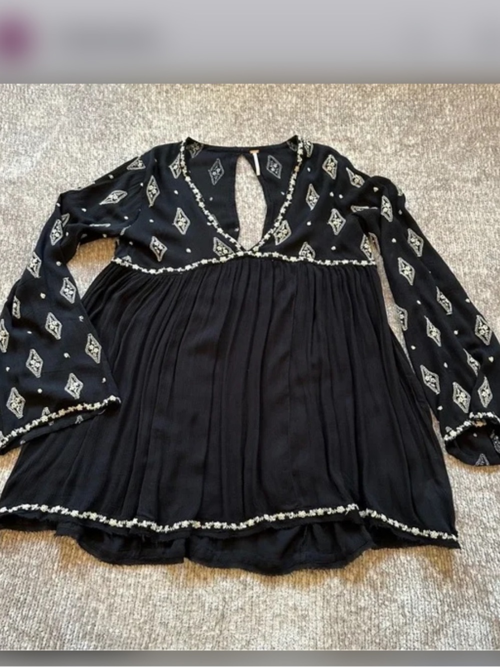 Free People Black Embroidered Boho Blouse